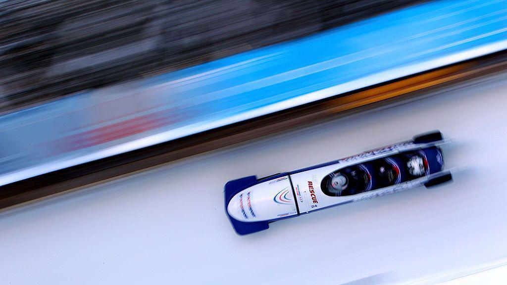 Great Britain's bobsleigh on the track at the 2010 Bobsleigh World Cup in St Moritz, Switzerland