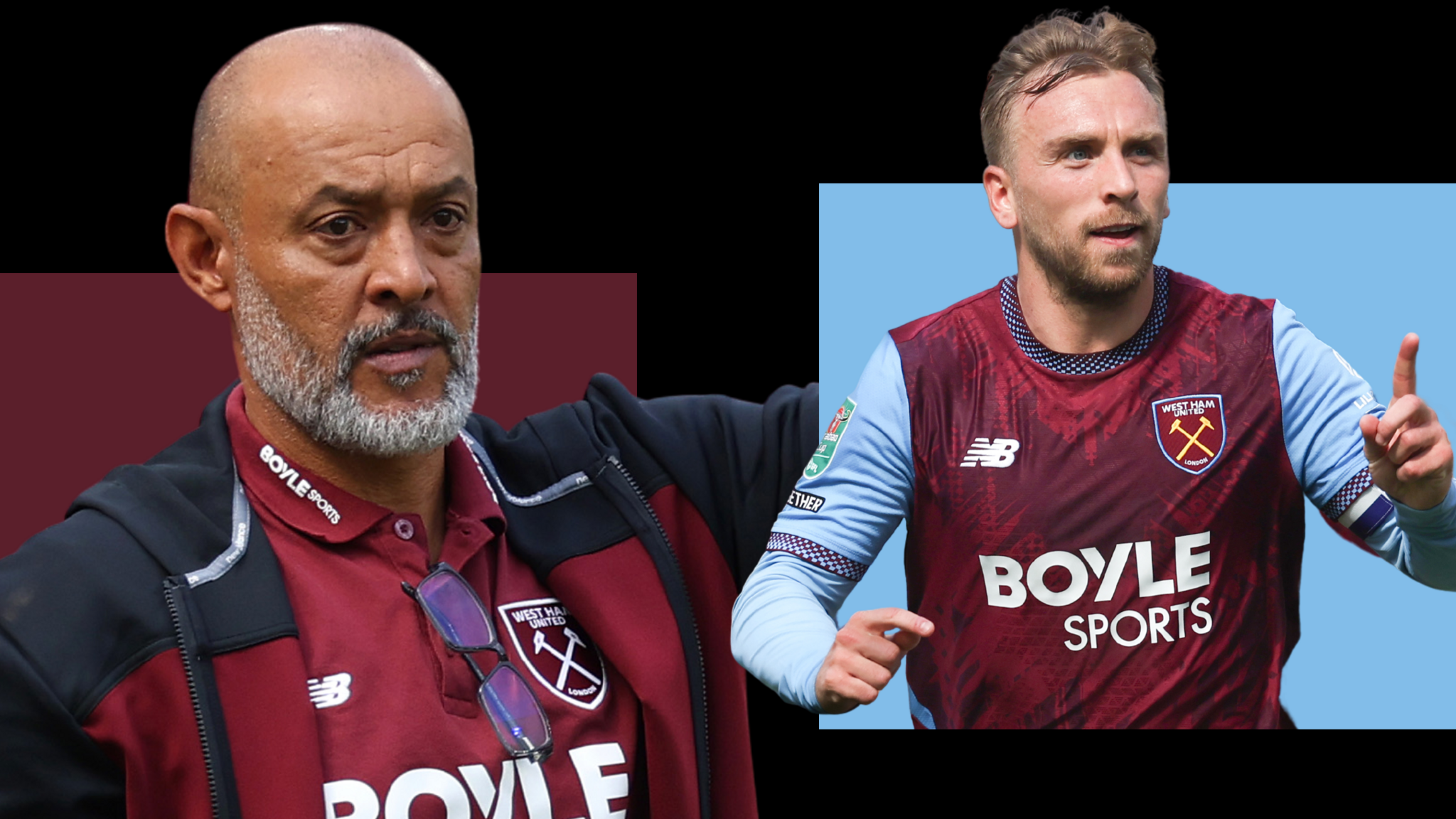 Nuno Espirito Santo wearing a claret West Ham polo shirt under a navy blue and claret hooded jacket (left). Jarrod Bowen, wearing West Ham's claret and blue home shirt, points his finger up to celebrate a goal against Portsmouth in the EFL Cup (right)