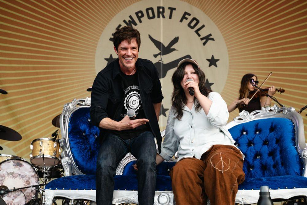 Brandon Flowers and Lucy Dacus on stage at the Newport Folk Festival