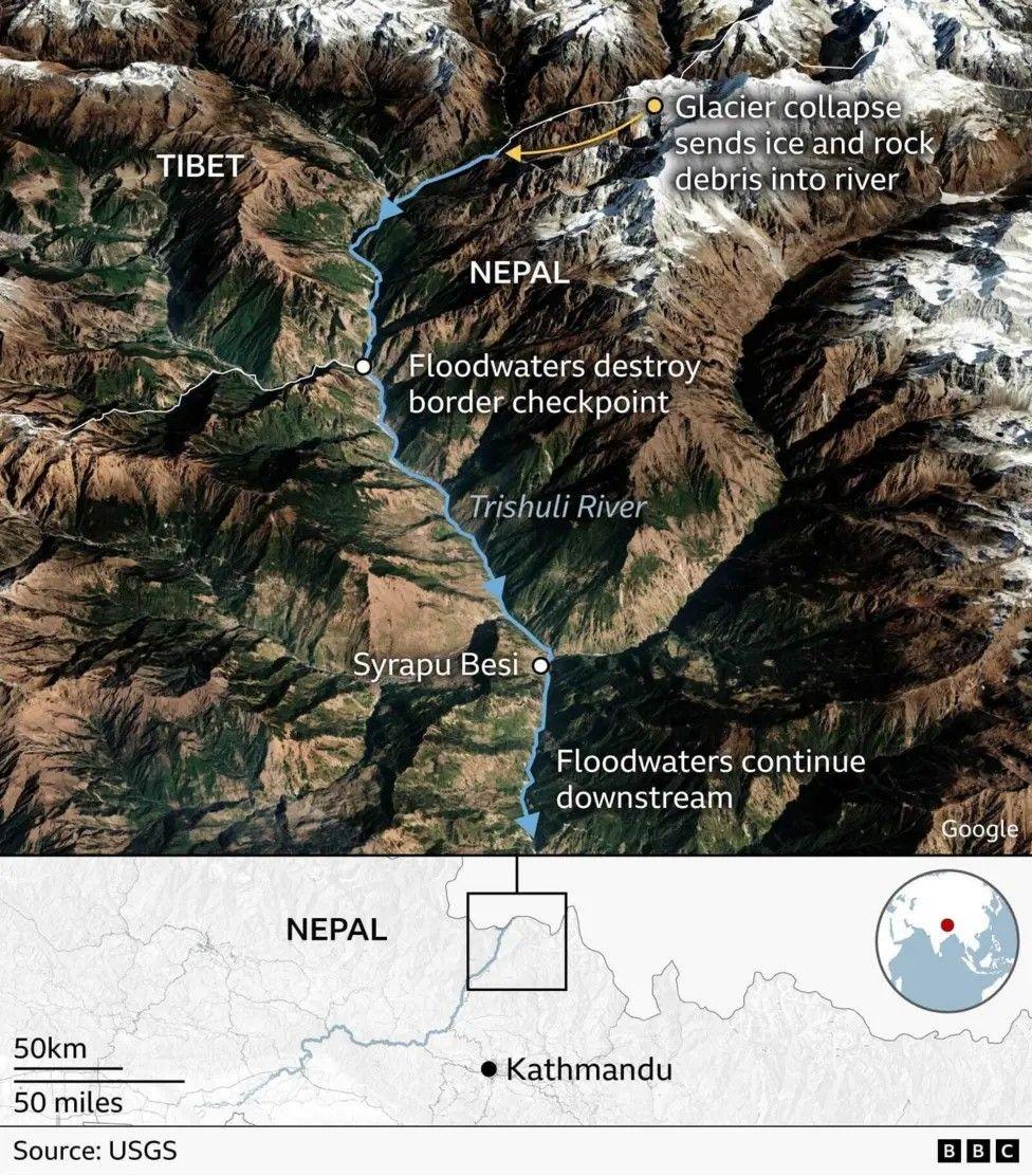BBC graphic showing how a glacier collapse sent ice and rock debris into a river between Tibet and Nepal