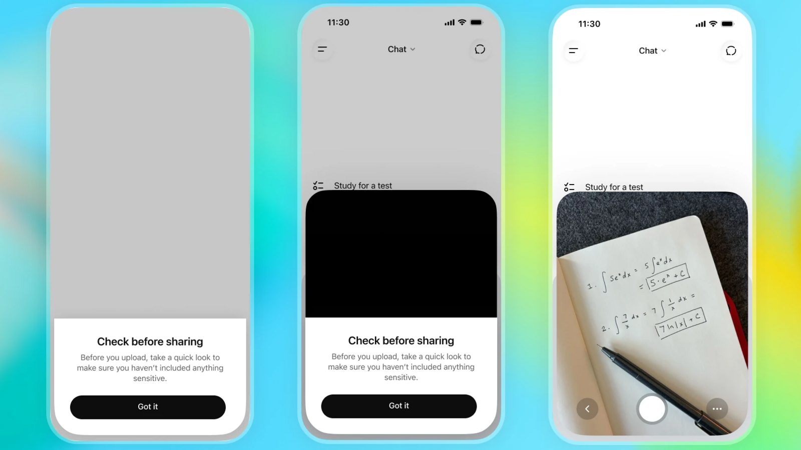 Screenshots of ChatGPT, which show a popup saying "check before sharing", and another with an uploaded photo of some maths homework