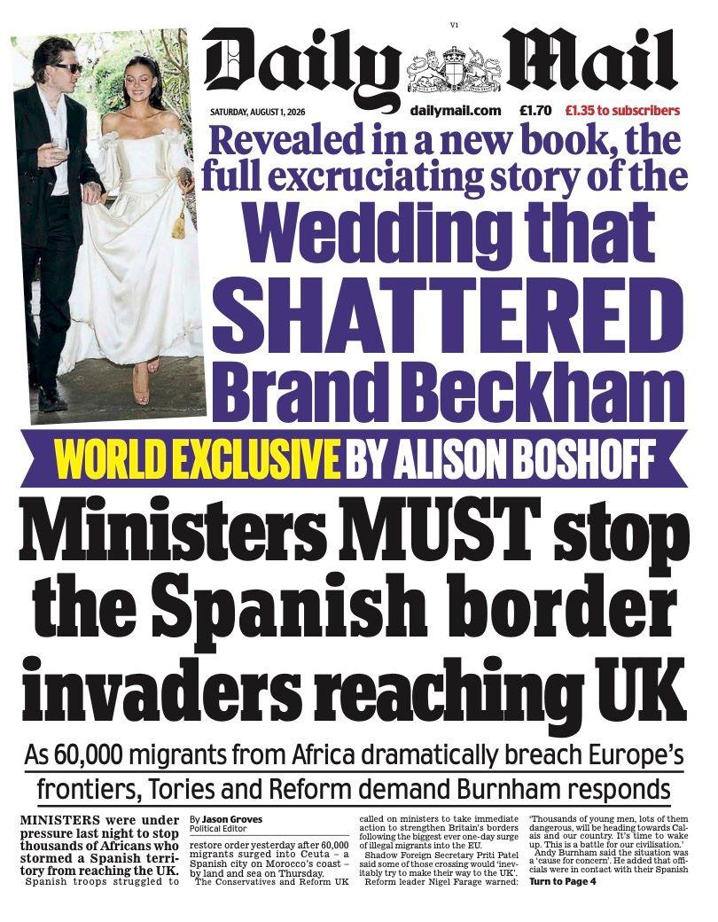 The headline on the front page of the Daily Mail reads: "Ministers must stop the Spanish border invaders reaching UK."