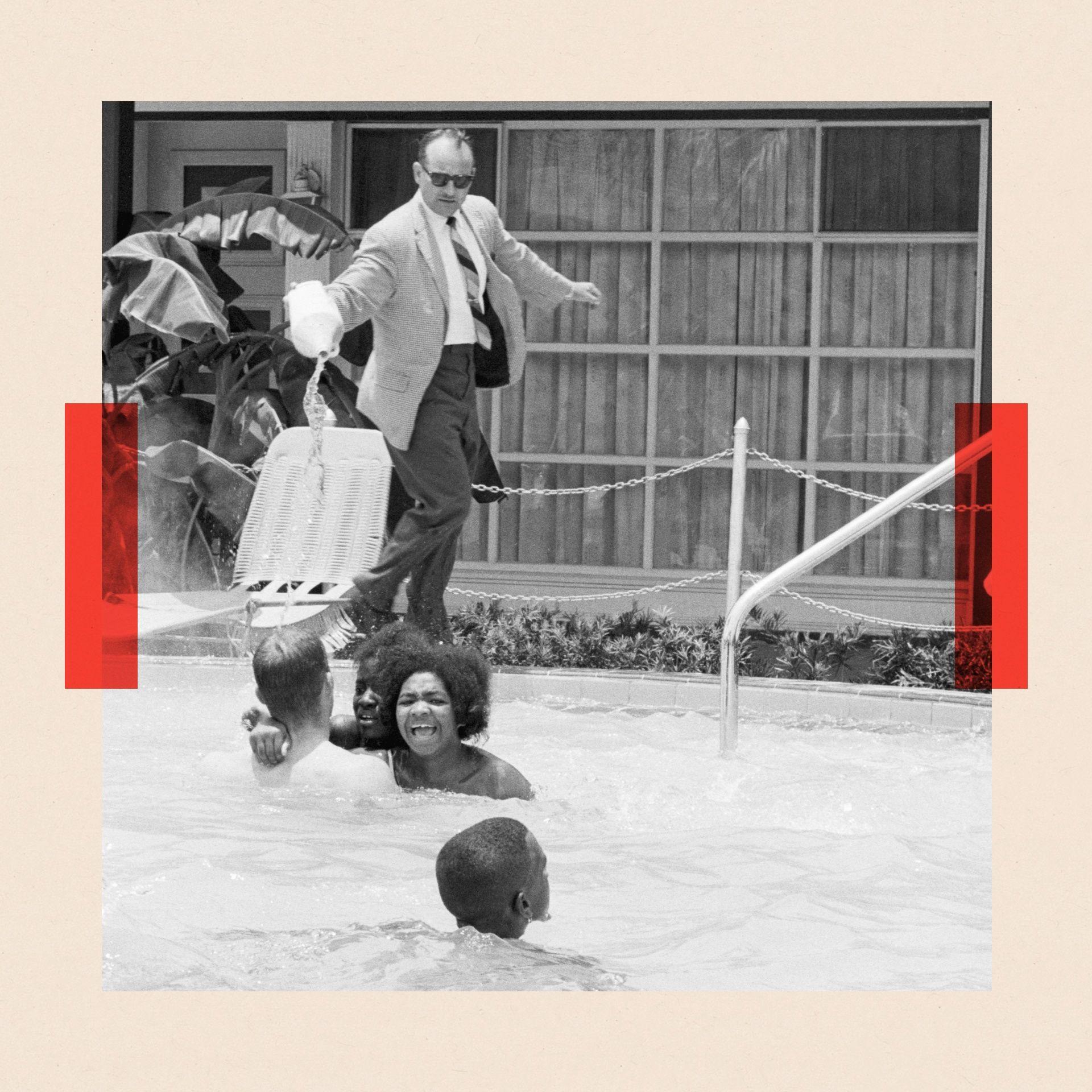 Black protesters demonstrating in a whites only swimming pool scream as a motel manager dumps "muriatic acid" into the water.