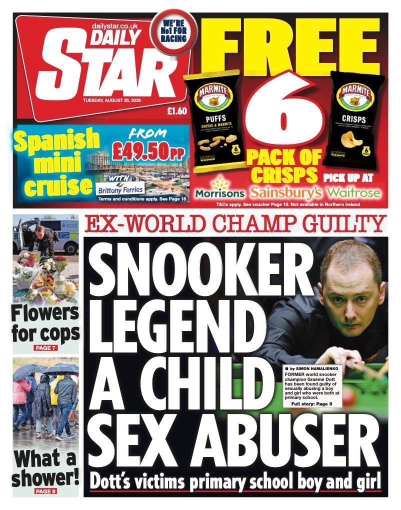 The headline on the front page of the Daily Star reads: “Snooker legend a child sex abuser".