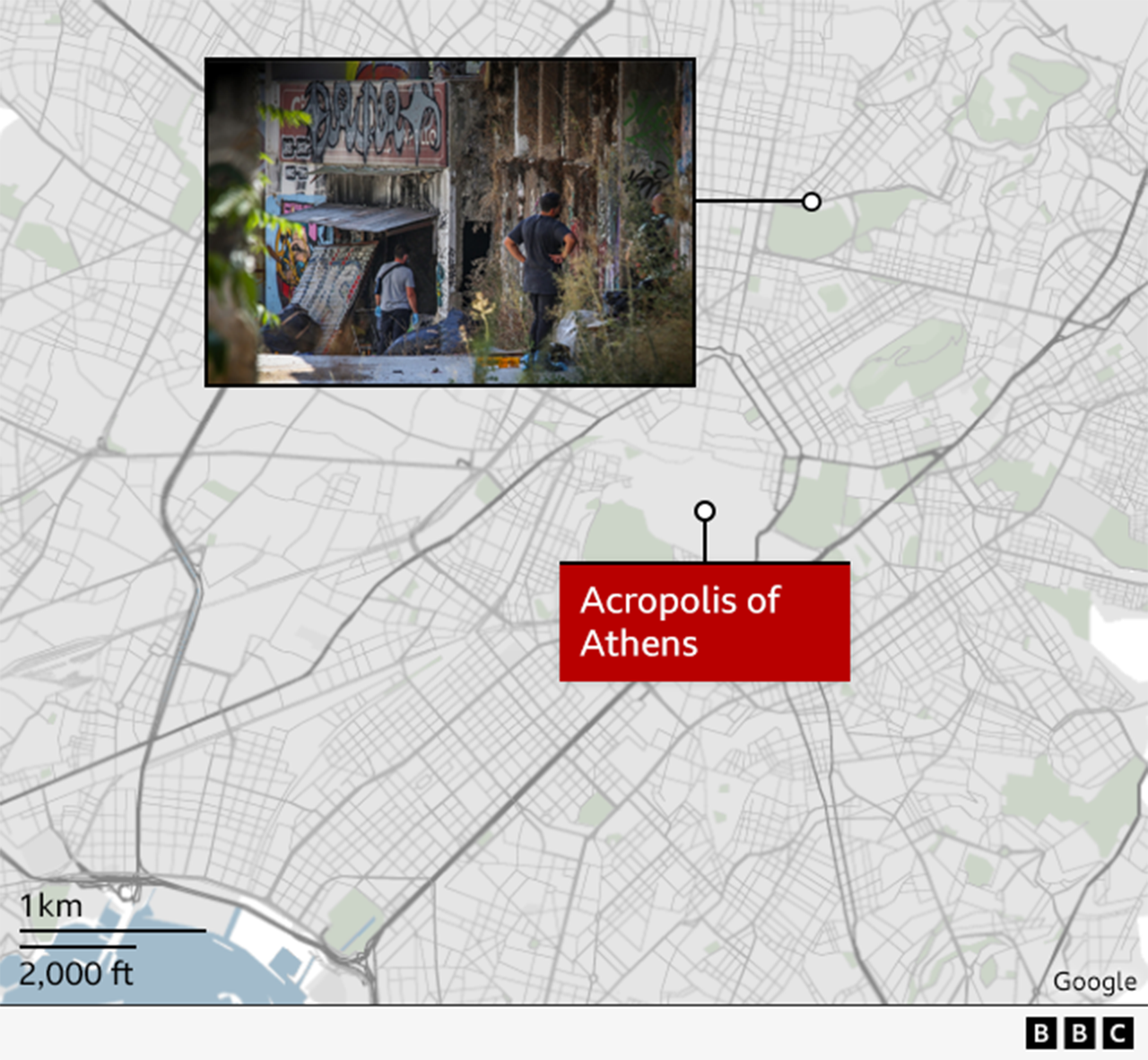A map of Greece with a dot in the centre marking "Acropolis of Athens". Another dot further north shows a photo of a run-down neighbourhood covered in graffiti