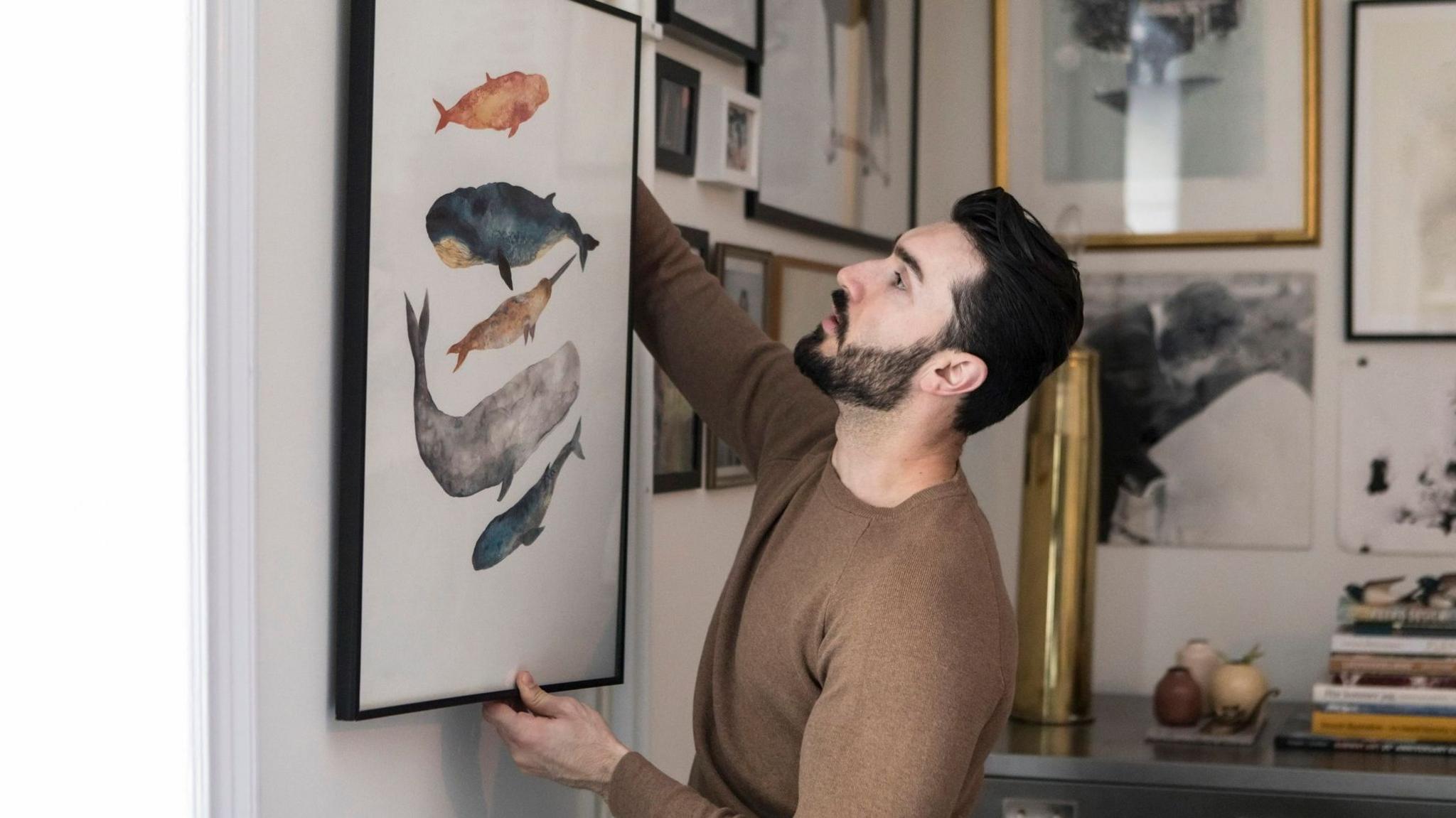 Young man wearing a brown jumper hangs a painting on a wall