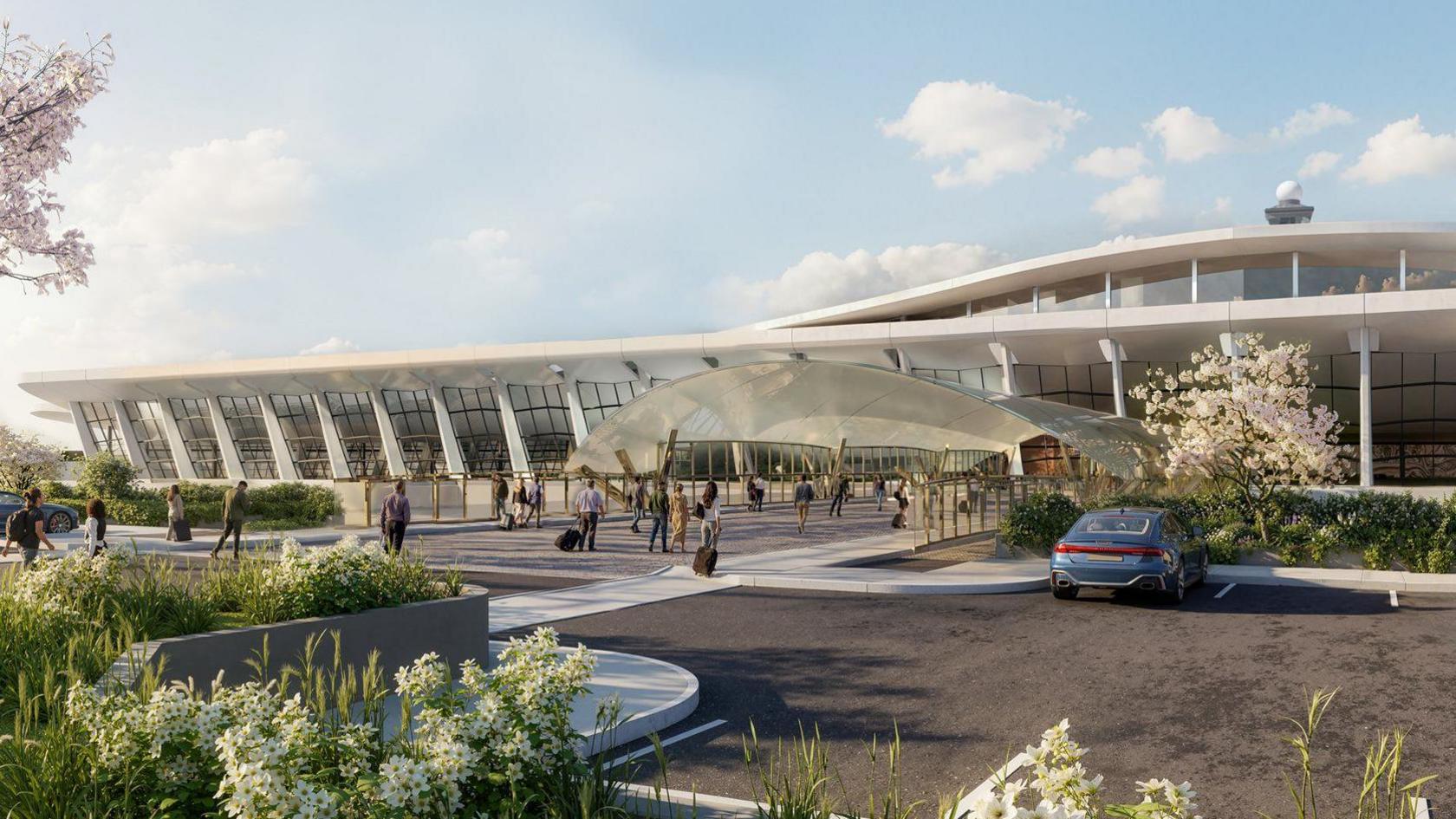 An AI generated image of Dulles airport with a car parked and greenery.