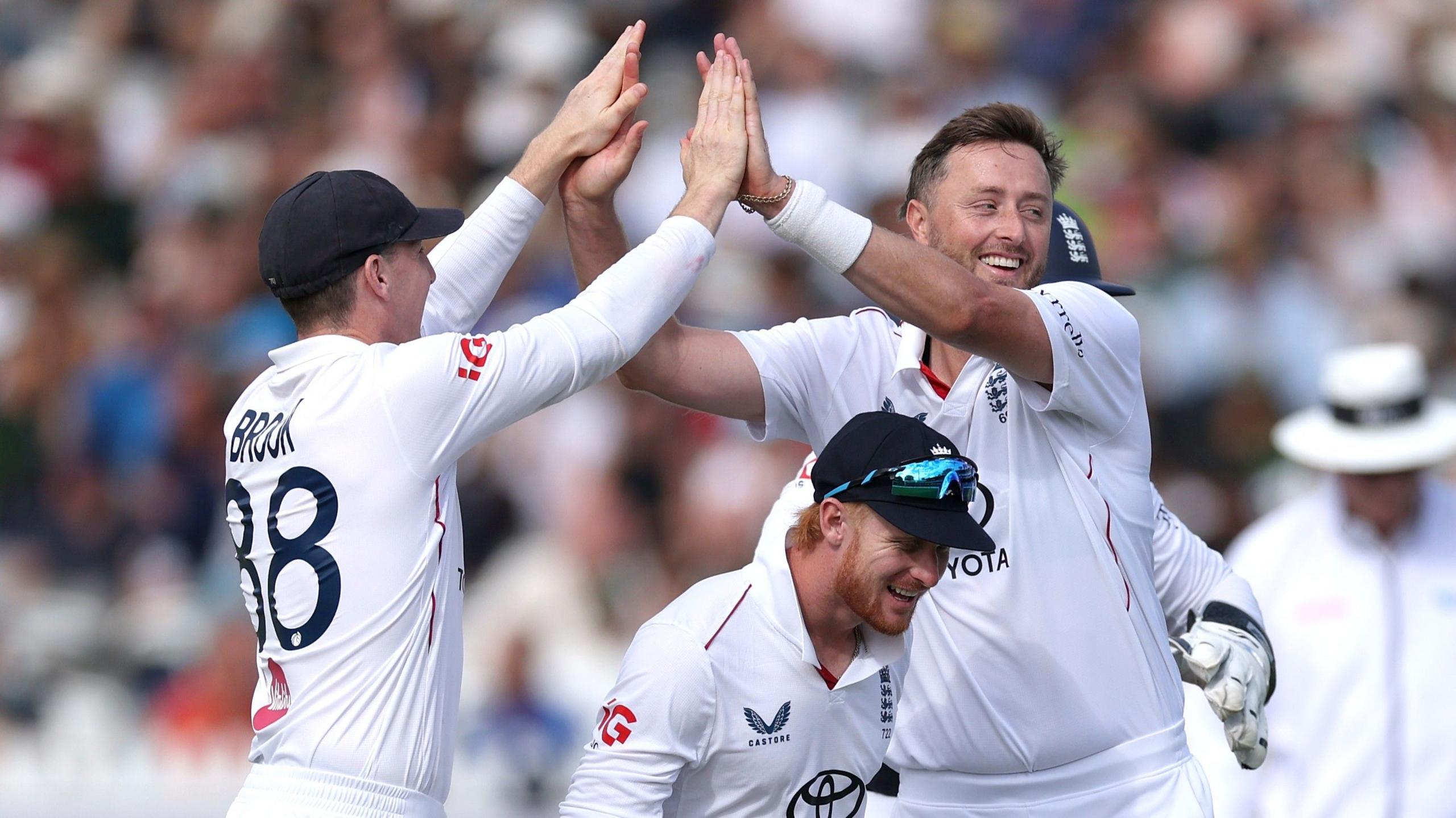 Ollie Robinson celebrates a Test wicket for England