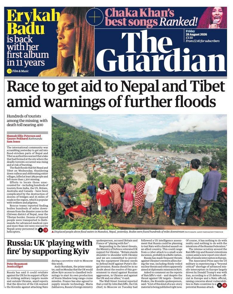 The headline on the front page of the Guardian reads: “Race to get aid to Nepal and Tibet amid warnings of further floods”.