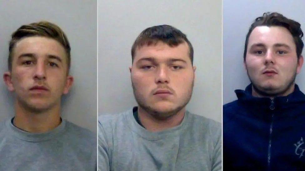 From left to right: Jessie Cole, Henry Long and Albert Bowers are young men looking at the camera seriously in police mugshot images