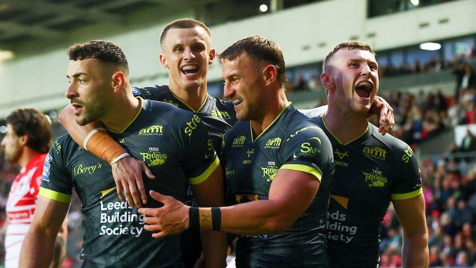 Leeds Rhinos team-mates celebrating Chris Hankinson's try against St Helens
