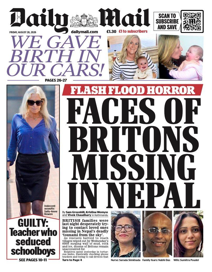 The headline on the front page of the Daily Mail reads: “Faces of Britons missing in Nepal”.