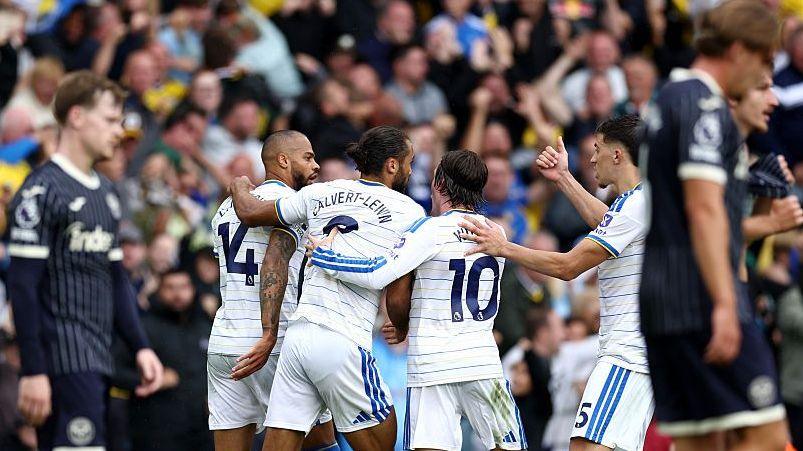 Leeds players celebrate equalising against Brentford