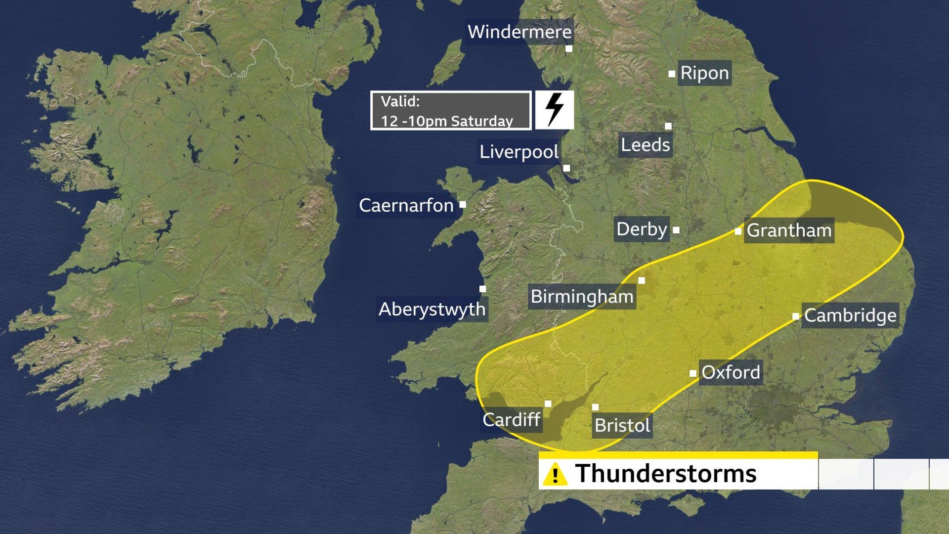 Map showing a yellow thunderstorm warning covering parts of southern and central England and south Wales, valid from 12 pm to 10 pm on Saturday.