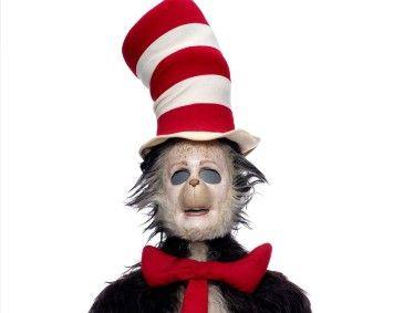 A screengrab of the original Cat in the Hat suit from the 2003 Mike Myers film, it features a tall red and white top hat and a red tie and is showing noticeable signs of disrepair.