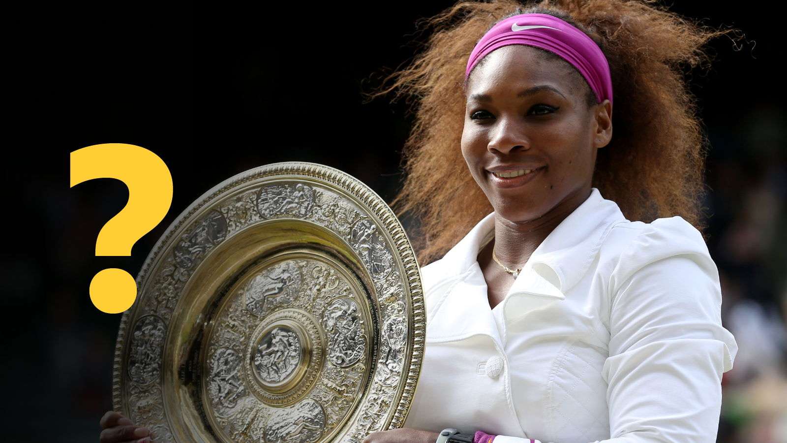 Serena Williams holding the Wimbledon trophy with a yellow question mark overlayed
