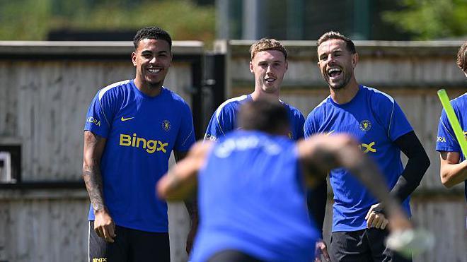 Morgan Rogers, left, and Cole Palmer, centre, in Chelsea training last week