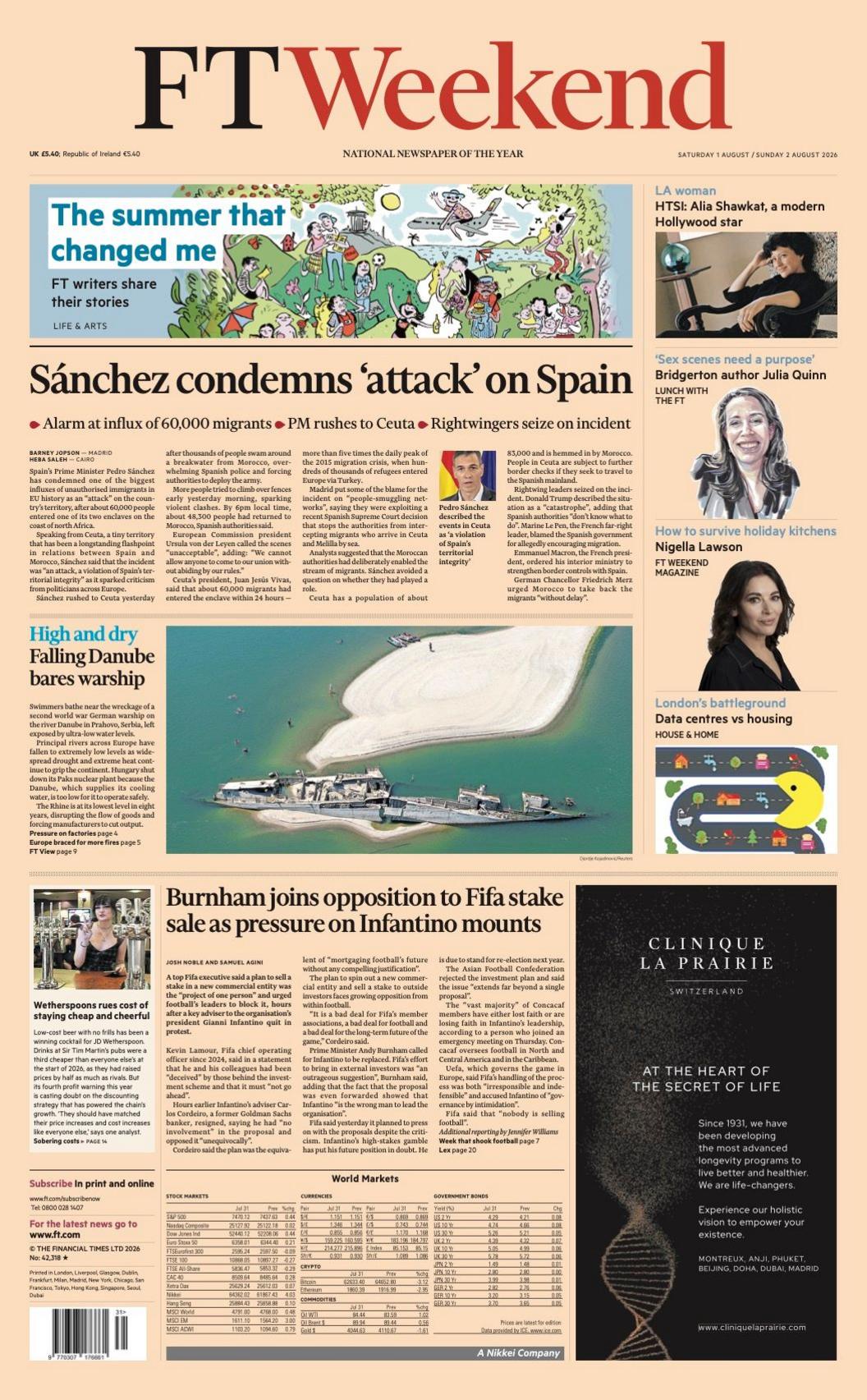 The headline on the front page of the FT Weekend reads: "Sanchez condemns 'attack' on Spain.
