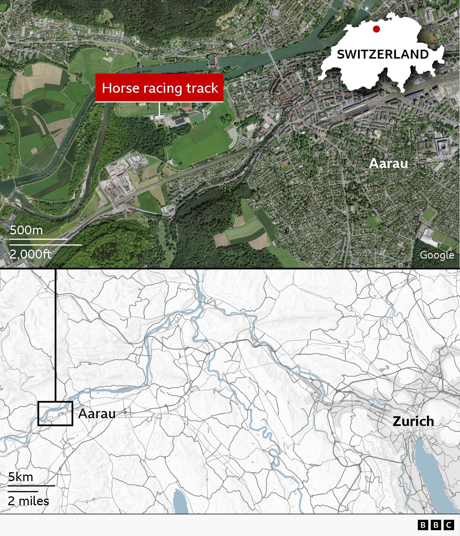 A two-part locator map showing the location of a horse racing track in Aarau, Switzerland. The upper panel is a satellite image of Aarau, with the racecourse highlighted by a red label on the north-west side of the city beside a river. An inset outline map of Switzerland in the top right marks the country's location. The lower panel is a regional map showing Aarau west of Zurich, with a boxed area indicating the location of the satellite-image zoom. Scale bars show 500 metres and 2,000 feet in the upper map, and 5 kilometres and 2 miles in the lower map. BBC logo at bottom right.