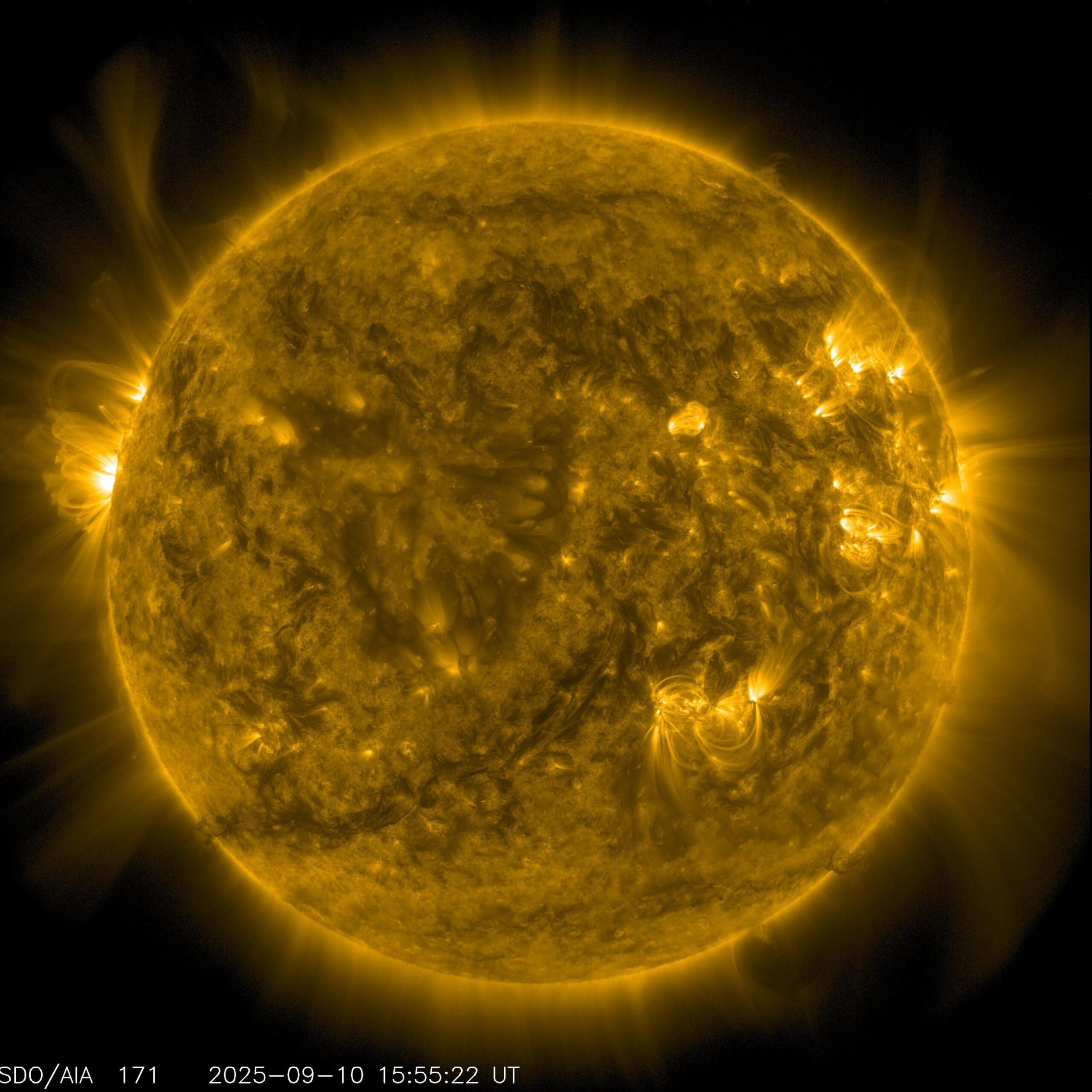 An image of the Sun - with the star appearing bright yellow against a black background - that was captured by NASA, the US Space Agency. The picture gives a vivid sense of how much energy is emitted from the Sun - the surface visibly glows and there are ejections of hot, glowing gas into space.