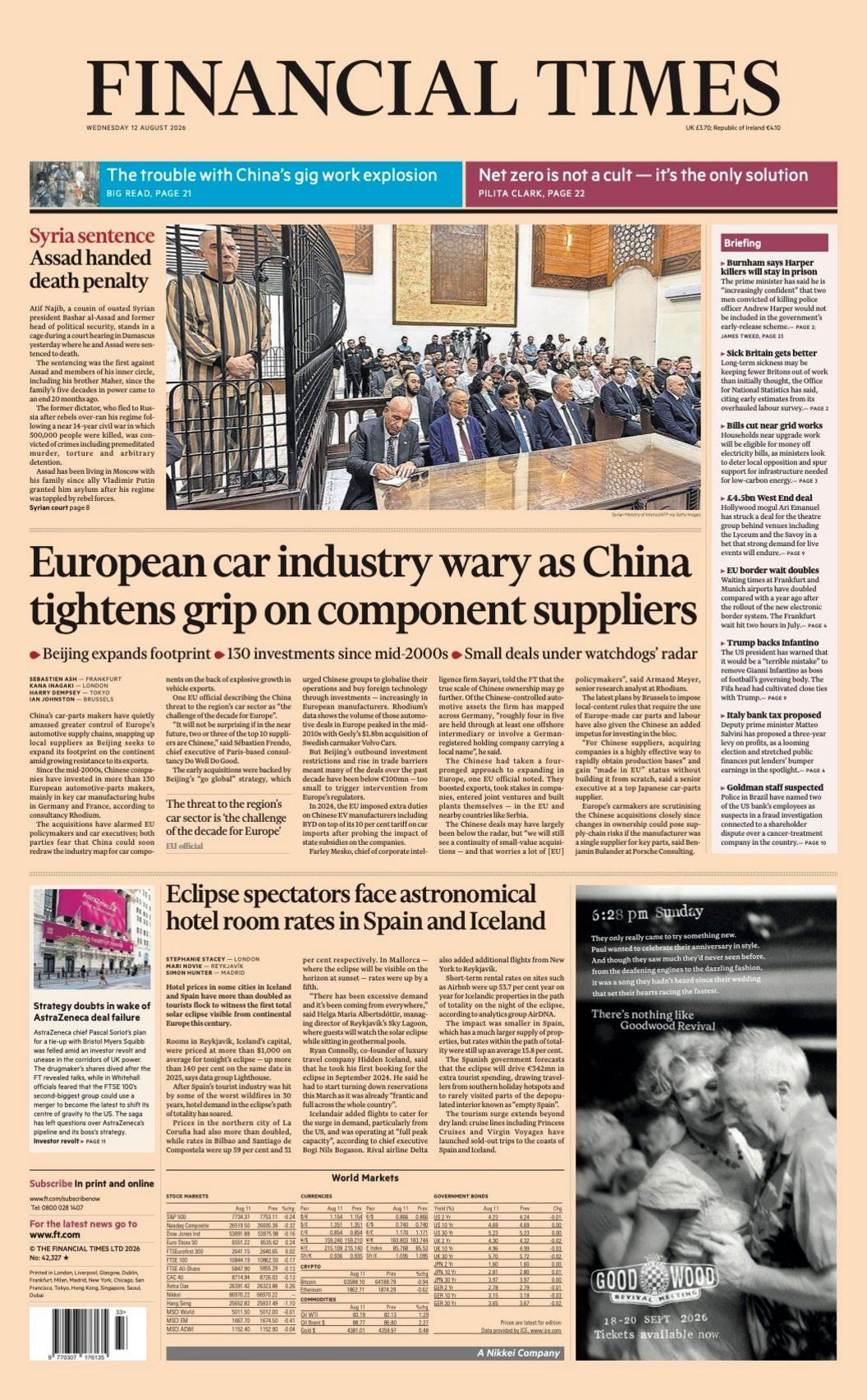 The headline on the front page of the Financial Times reads: "Syria sentence: Assad handed death penalty."