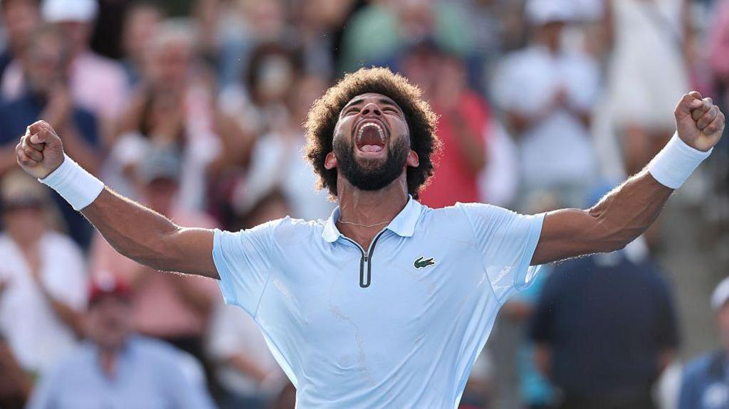 Arthur Fils of France celebrates his win against Frances Tiafoe of the United States