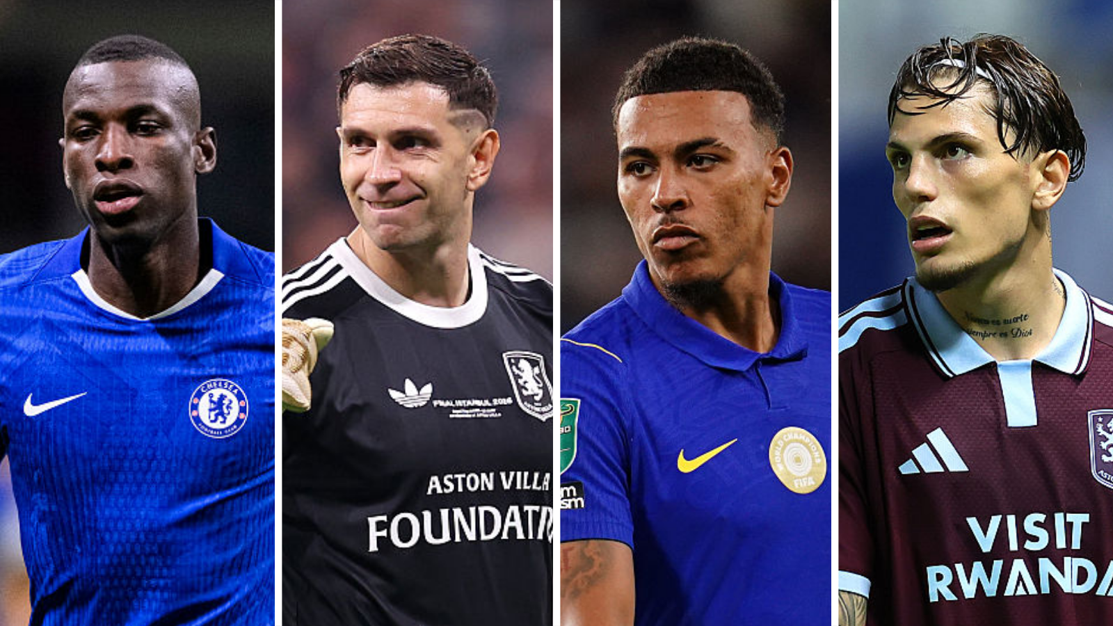 Composite image showing Nicolas Jackson and Morgan Rogers in Chelsea shirts alongside Emiliano Martinez and Alejandro Garnacho in Aston Villa shirts