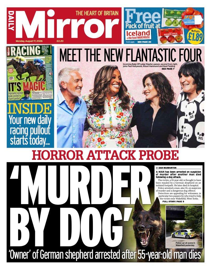 The headline on the front page of the Daily Mirror reads: "Murder by dog."