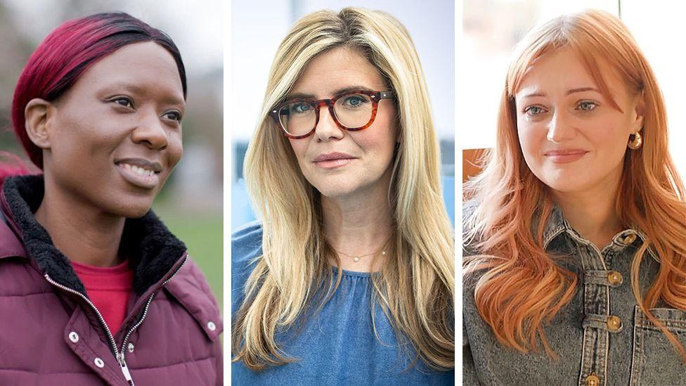 A composite image of three women who all have endometriosis: in the centre is the BBC's Emma Barnett, who has long blonde hair and wears tortoiseshell glaasses and a blue top. On the left, is Madalitso, a woman with a streak of pink in her hair, and a purple padded jacket over a fuchsia top. On the right is Chloe, who has red hair and wears a denim jacket.