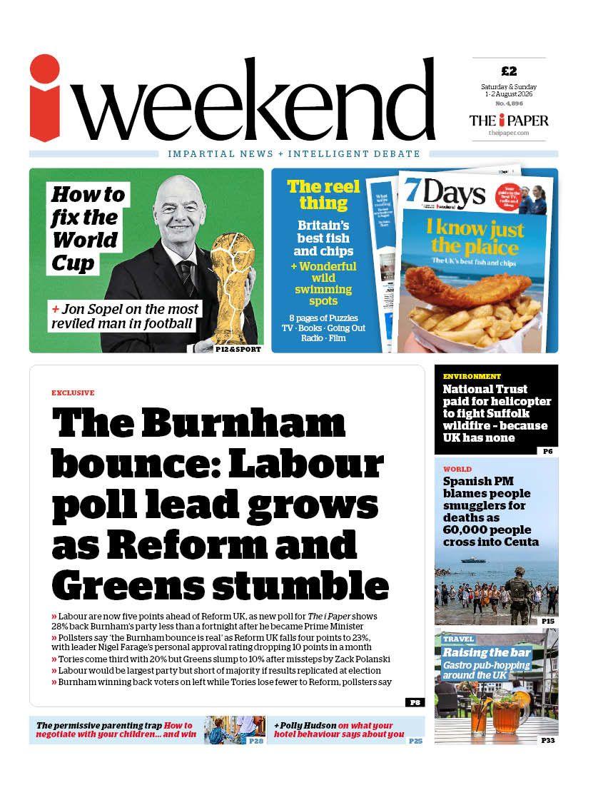 The headline on the front page of the i Weekend reads: "The Burnham bounce: Labour poll lead grows as Reform and Greens stumble."