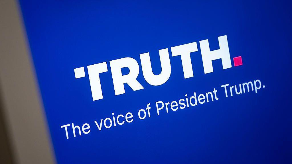 The word TRUTH written in white capital letters with a red full stop after it on a blue background. Underneath are the words "The voice of President Trump."