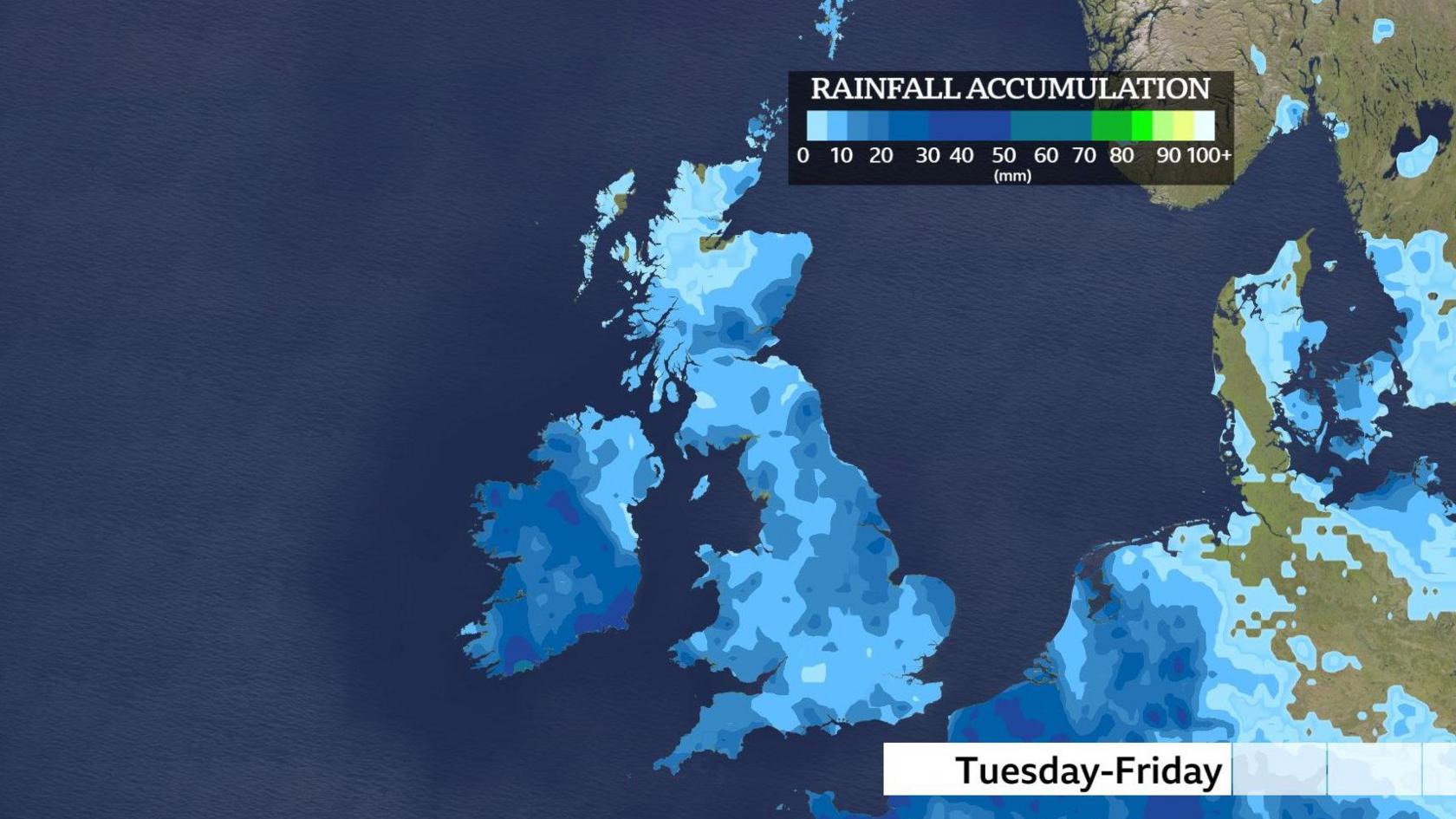 Map of UK showing various shades of blue indicating forecast rainfall accumulation between Tuesday and Friday.