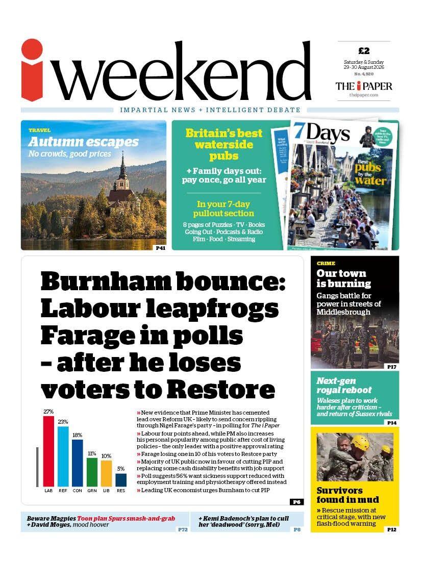 The headline on the front page of the i Weekend reads: 'Burnham bounce: Labour leapfrogs Farage in polls - after he loses voters to Restore.'