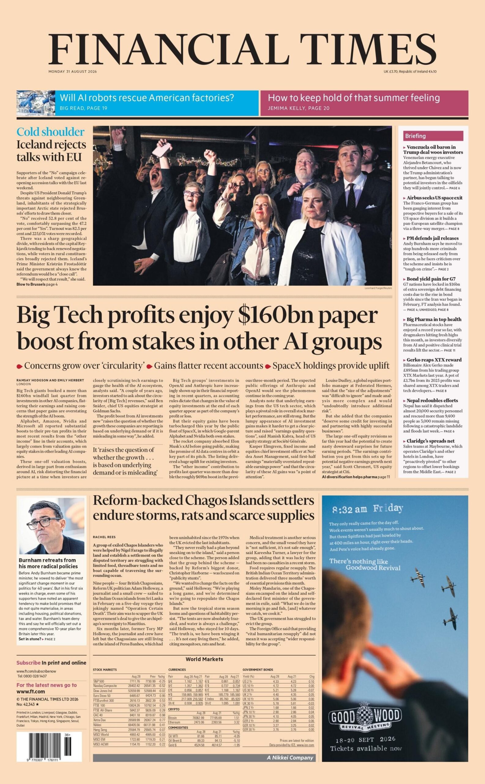 "Big Tech profits enjoy $160bn paper boost from stakes in other AI groups," reads the headline on the front page of the Financial Times.
