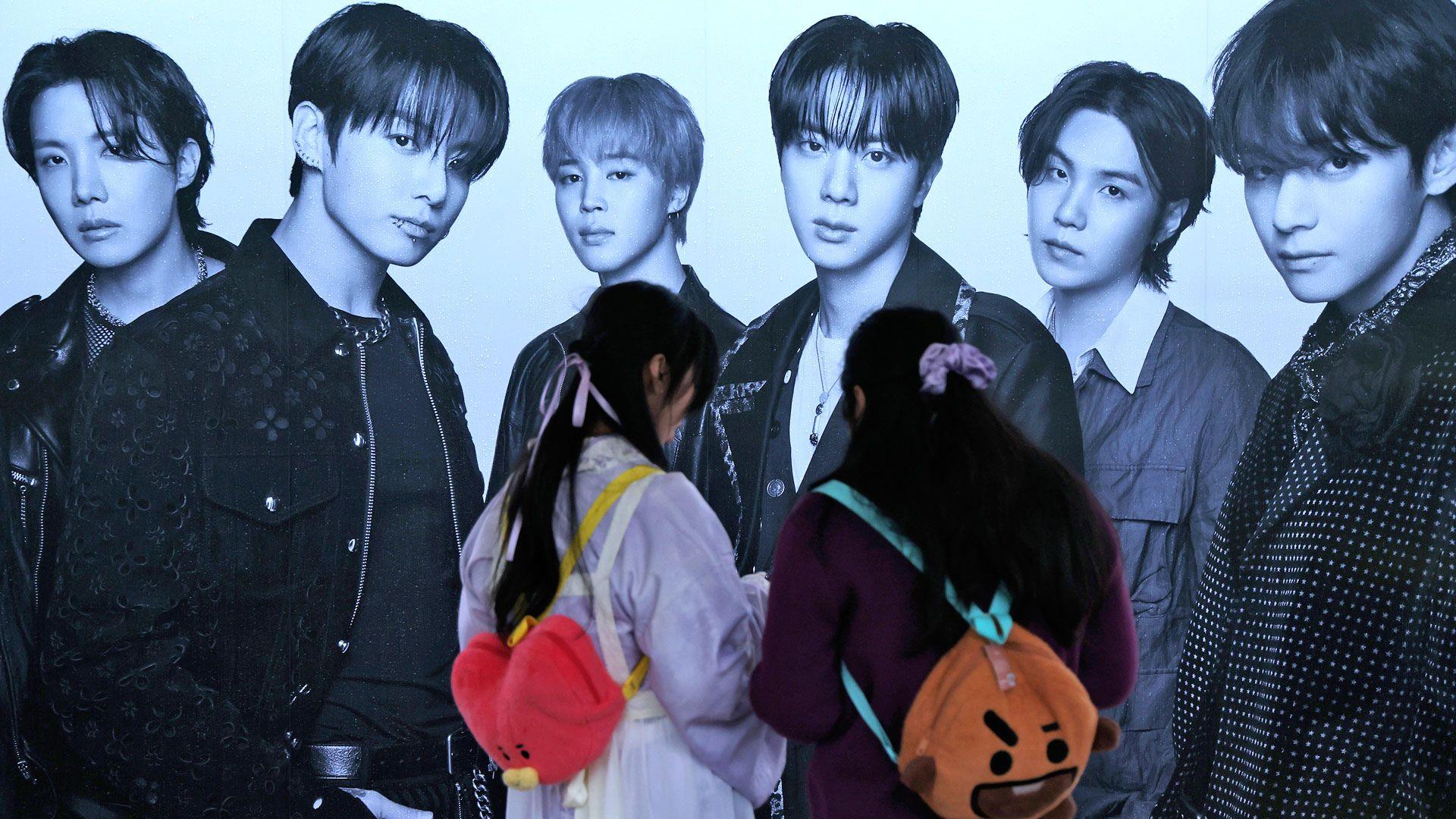 Fans of K-pop boy band BTS share a moment ahead of the BTS World Tour 'Arirang' at Goyang stadium on April 09, 2026 in Goyang, South Korea.