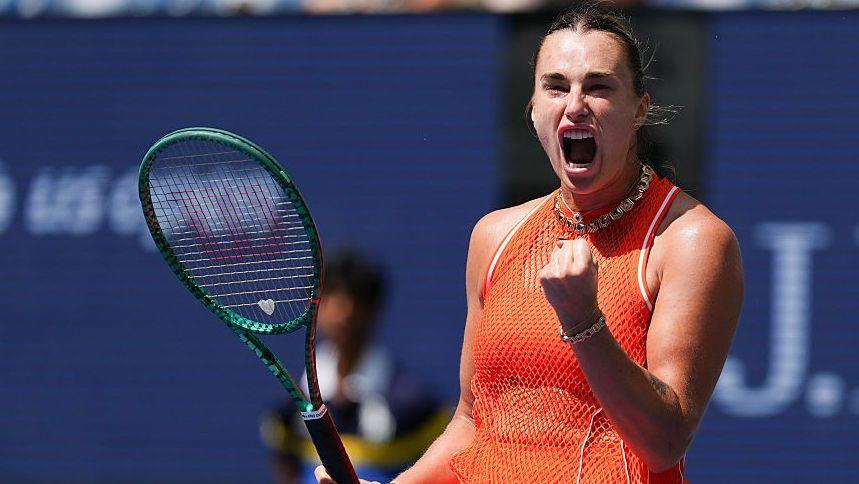 Aryna Sabalenka yells in celebration