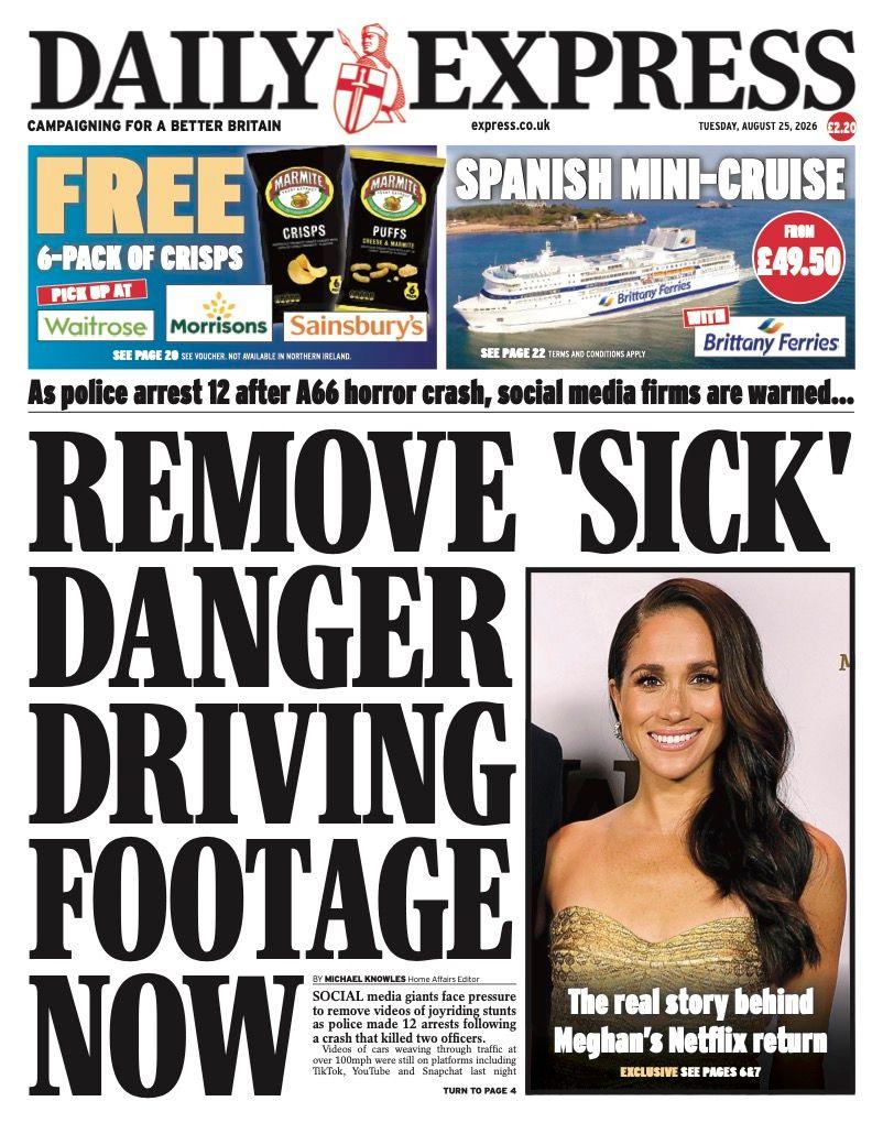 The headline on the front page of the Daily Express reads: “Remove 'sick' danger driving footage now".