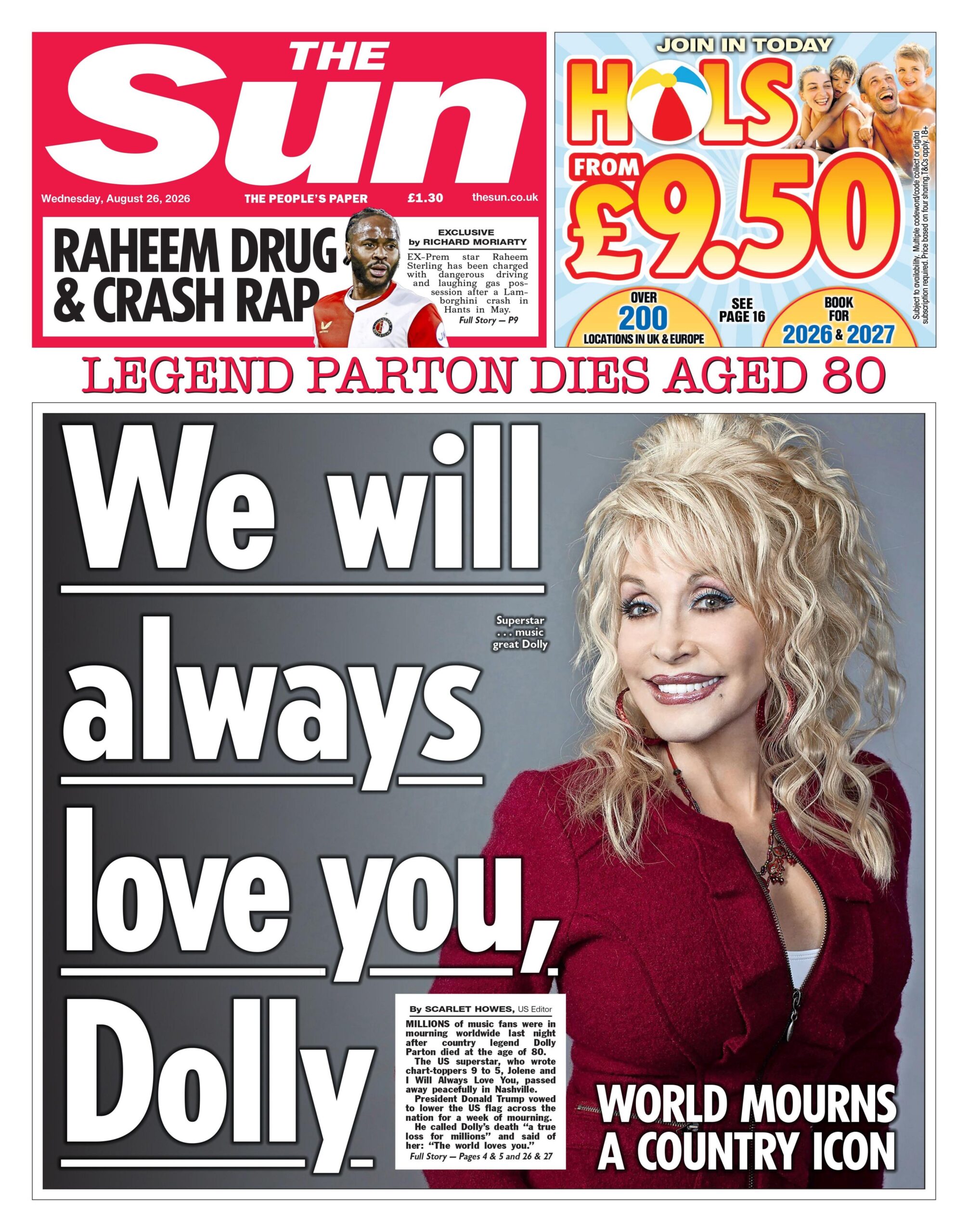 The headline on the front page of the Sun reads: "We will always love you, Dolly."