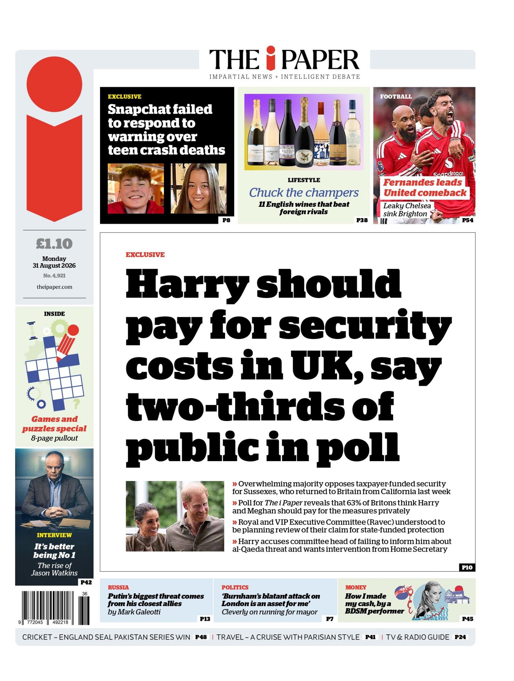 "Harry should pay for security costs in UK, say two-thirds of public in poll," reads the headline on the front page of the i Paper.