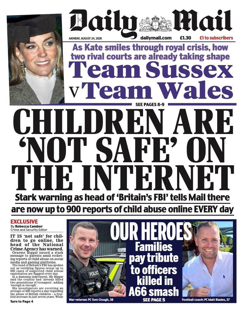 The headline on the front page of the Daily Mail reads: “Children are 'not safe' on the internet”.