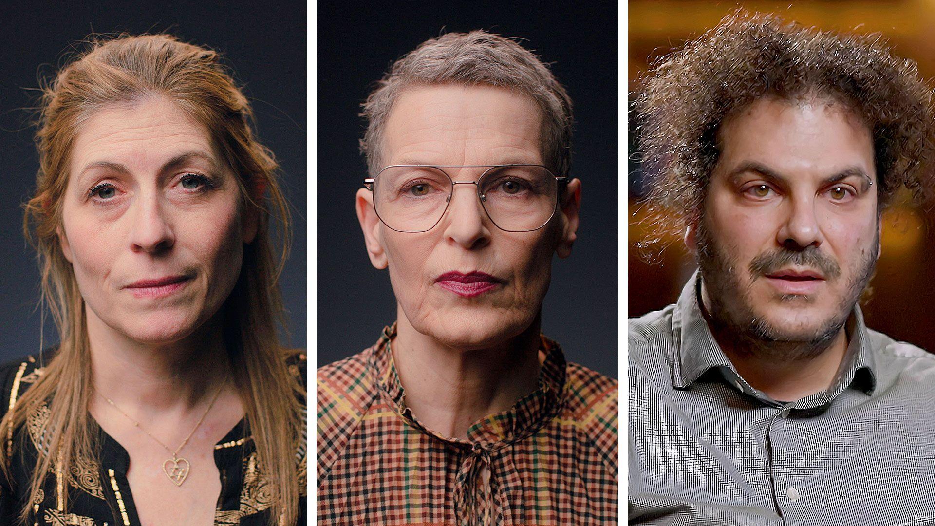 A composite image of three people. A woman with long brown-reddish hair wearing a black top with gold threads. A woman with short grey hair, thin-rimmed glasses and a check-pattern top. A man with curly brown hair and a beard, wearing a grey-blue shirt.