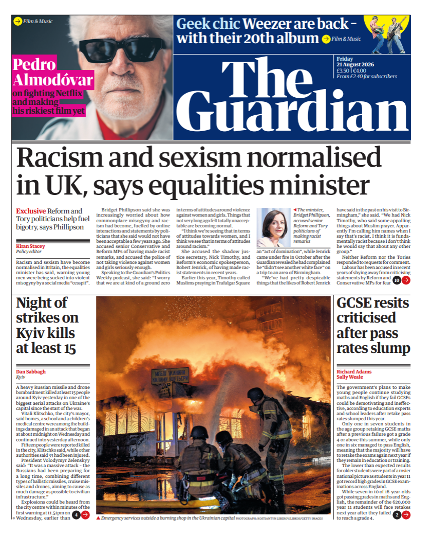 The headline on the front page of the Guardian reads: "Racism and sexism normalised in UK, says equalities minister."