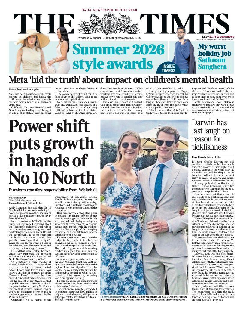 The headline on the front page of the Times reads: "Power shift puts growth in hands of No 10 North."