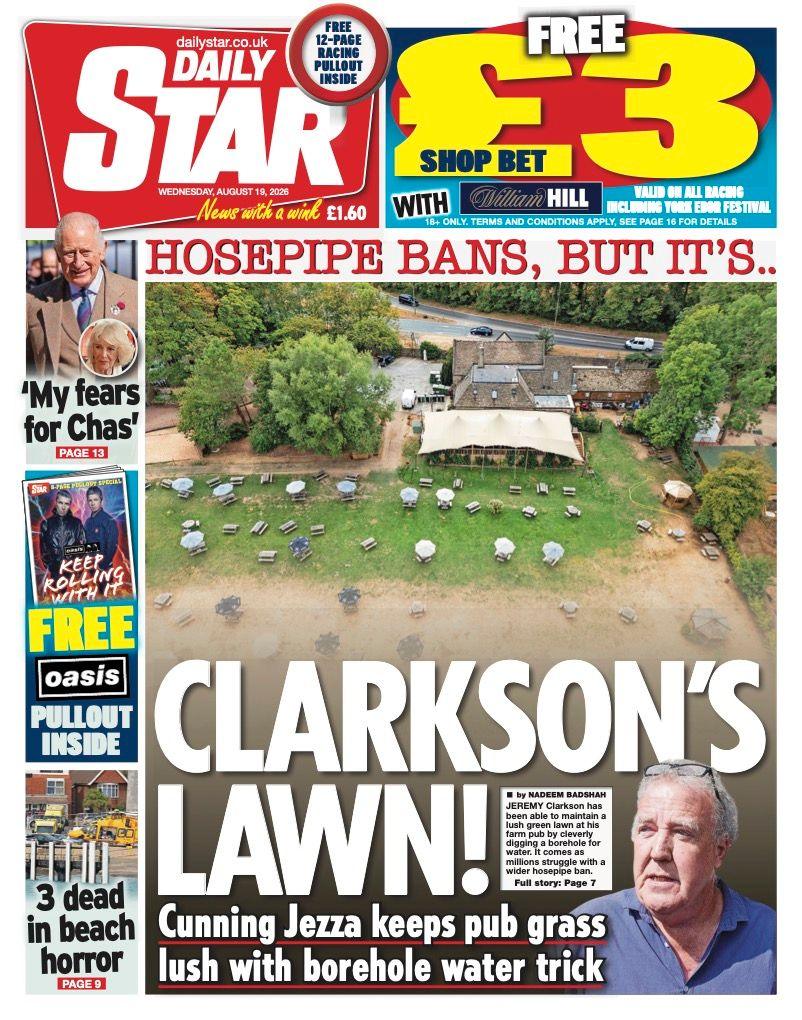 The headline on the front page of the Daily Star reads: "Clarkson's lawn!"