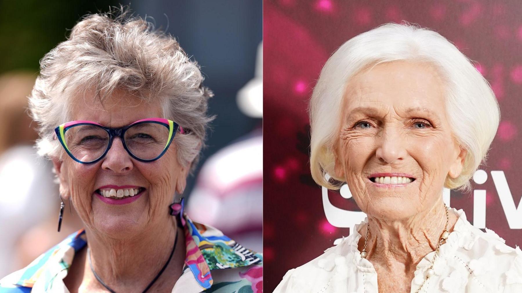 Two side-by-side images of Dame Prue Leith and Dame Mary Berry. Dame Prue smiling and wearing colourful navy, neon green and pink glasses, which match a colourful patterned blouse she is wearing. She has dangly, colourful earrings and short grey hair. Dame Mary is smiling as she stands in front of a red and pink speckled background at an event. She is wearing a white, textured blouse and has light, white-ish hair which falls to the bottom of her ears.