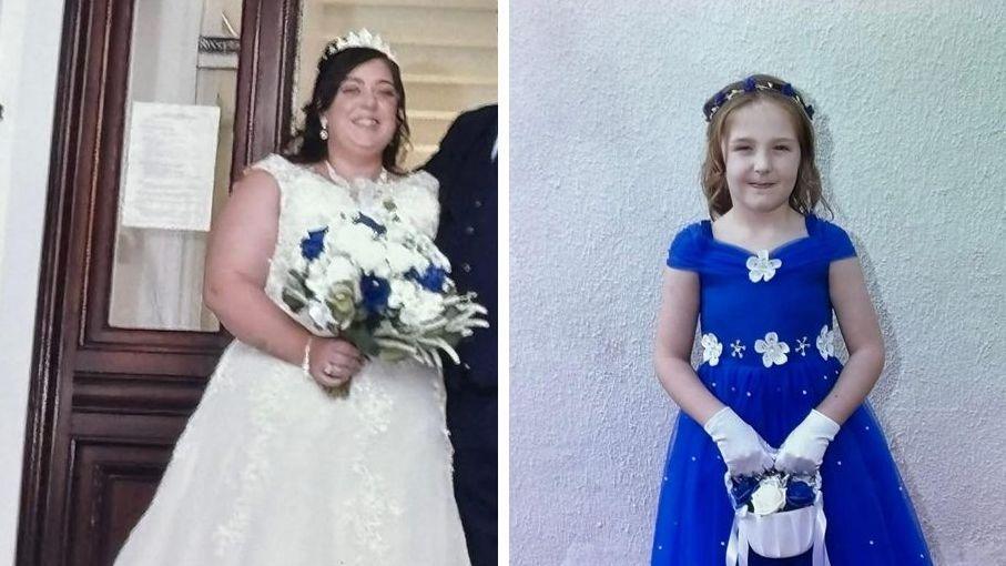 A composite image of Natalie McDonald and Valentina Foster. McDonald is wearing a white wedding dress with a tiara perched on her head. She has long dark hair and is holding a bouquet of white roses with four blue ones dotted within it. Valentina wears an electric blue dress with white flowers on the neckline and waist. She has long light brown hair with a blue and white headband. She is holding a small white basket with white and blue roses and she wears white gloves.
