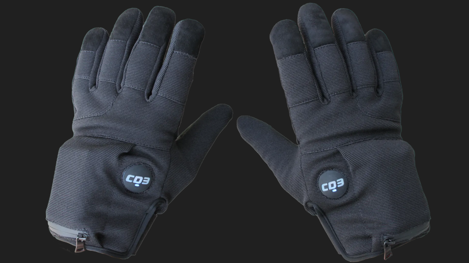 A pair of grey gloves with a button near the thumb that reads "CD3"