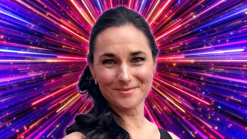 Dame Sarah Storey looks ahead while being superimposed on Strictly's multi-coloured backdrop