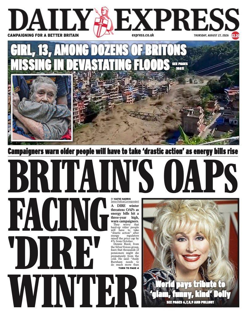 The headline on the front page of the reads: "Britain's OAPs facing 'dire' winter."