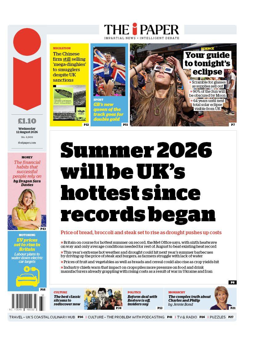 The headline on the front page of the i Paper reads: "Summer 2026 will be UK's hottest since records began."